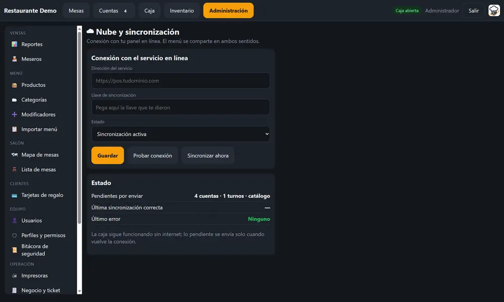 Panel en línea para el dueño en Sys-Chef